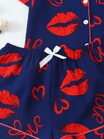 [Saint valentin] Ensemble pyjama 2 pièces avec imprimé lèvres, short à manches courtes, pyjama pour femme, ensemble de vêtements de détente adapté à un usage domestique 6