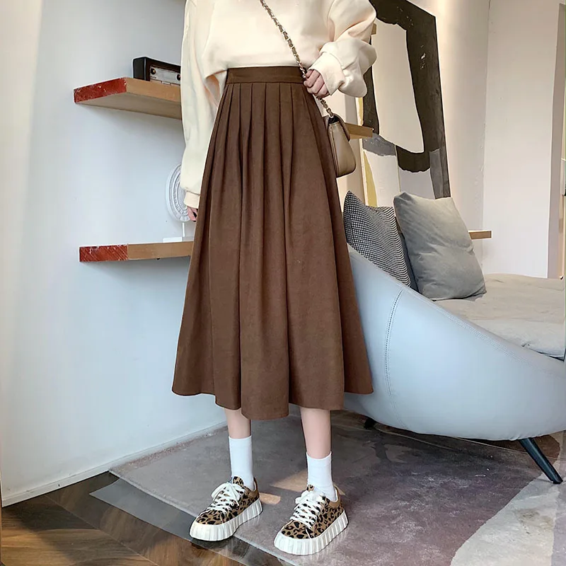 2025 Autumn Winter High Waisted Long Skirt Women Vintage Brown Streetwear A-Line Pleated Skirts Versatile Casual Midi Skirts 1