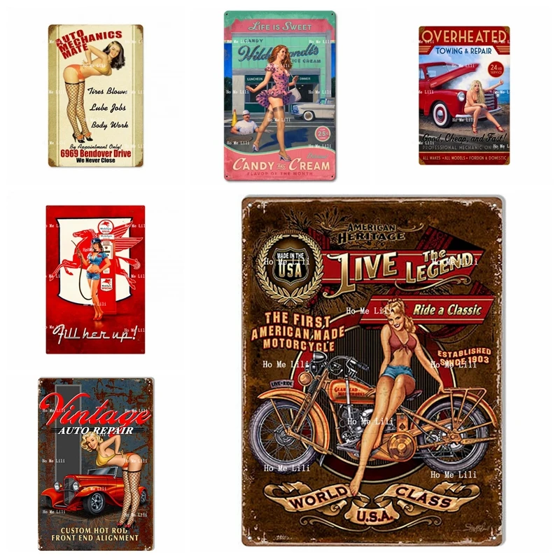 Riparazione Del Servizio Meccanico Automatico Candy Cream Mobil Gas Pegasu Hot Rod Pin-Up Girl Metal Sign Vintage Style Home Decor