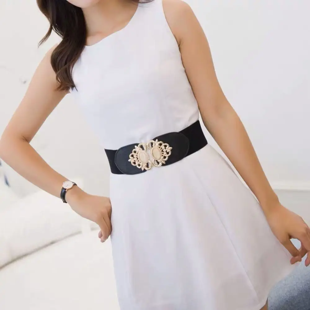 Women Elastic Stretch Ladies Dress Cummerbund Wide Elastic Waist Belt Wild Skirt Bands Retro Buckle Waistband