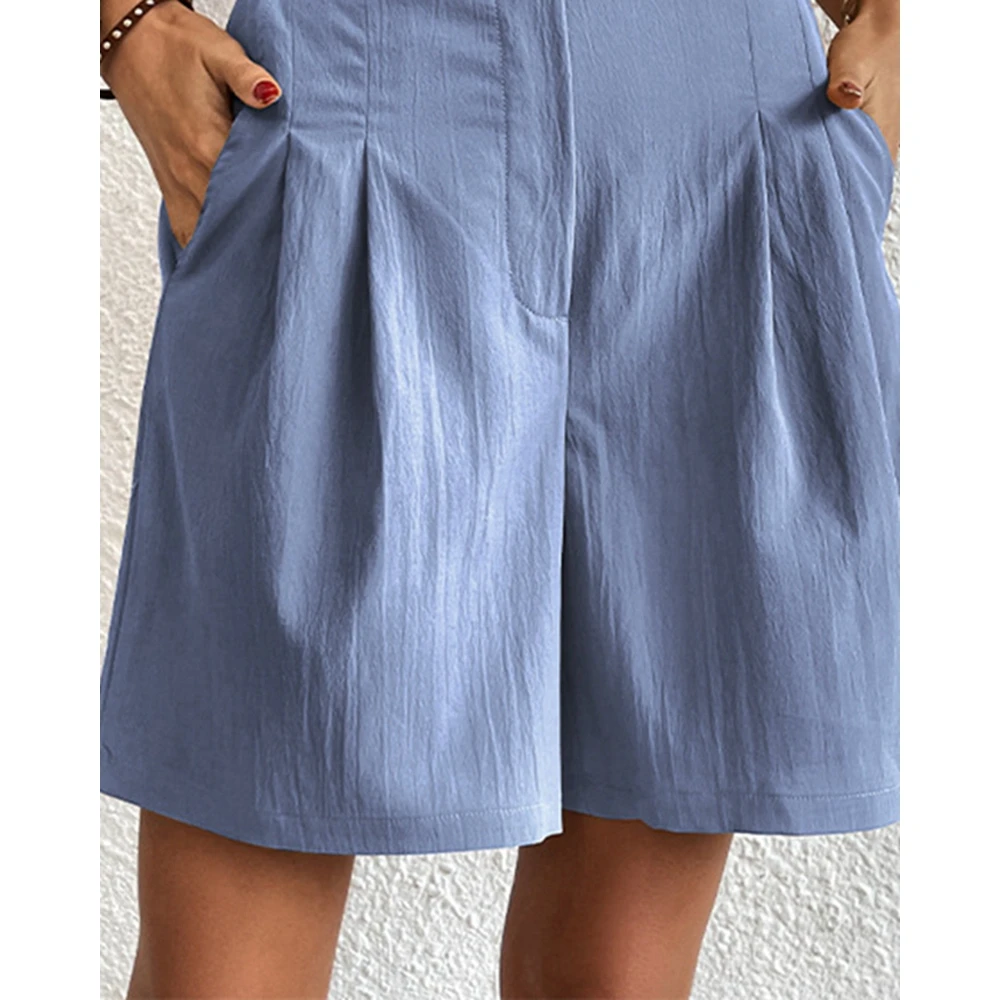 Summer Women Ruched Deisgn High Waist Shorts Female Casual Buttoned Wide Leg Elegant Korean Style Hot Pants Streetwear Outfits