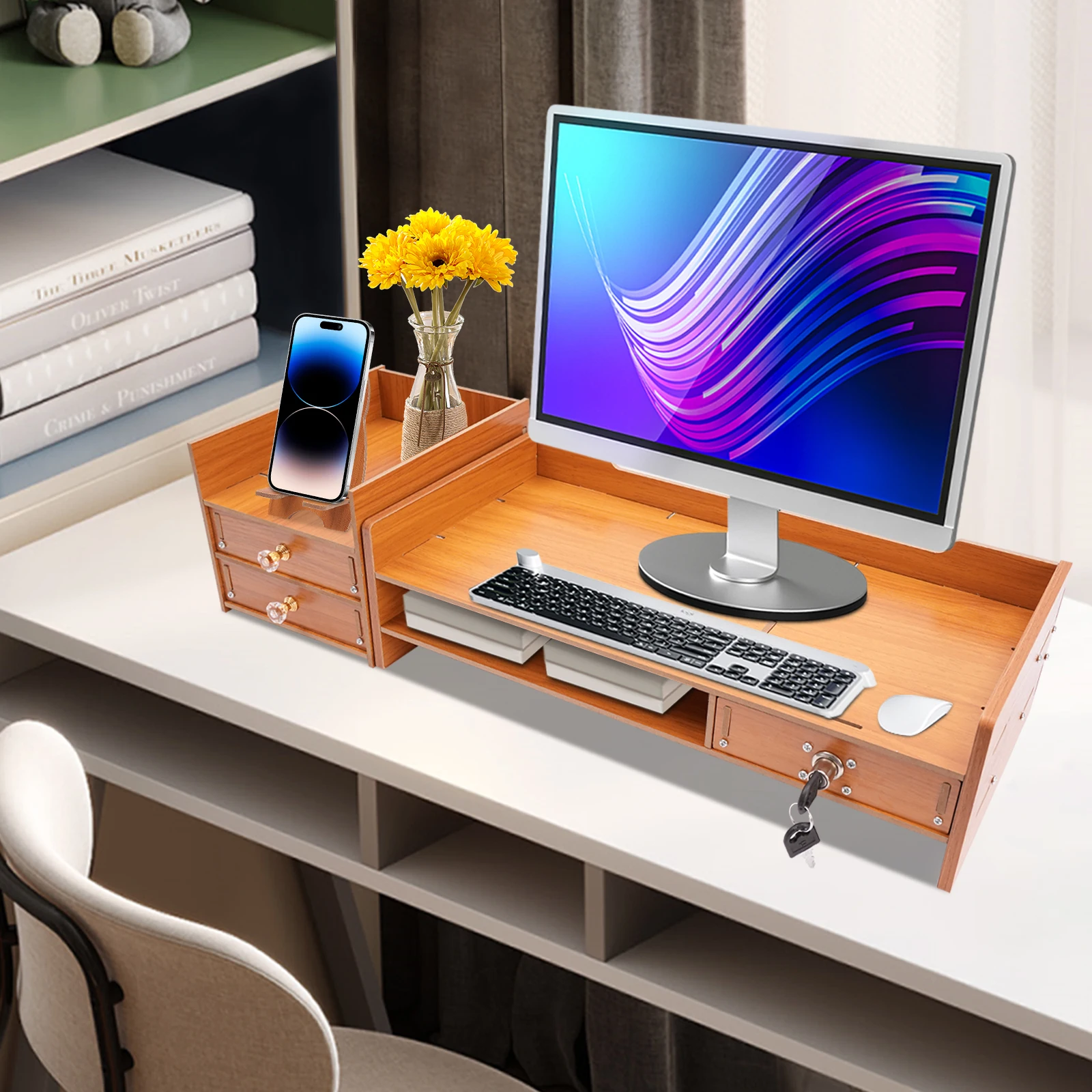 Computer Rack with Drawers 2 Keys Desktop Laptop Rack with Drawers Phone Holder Wood