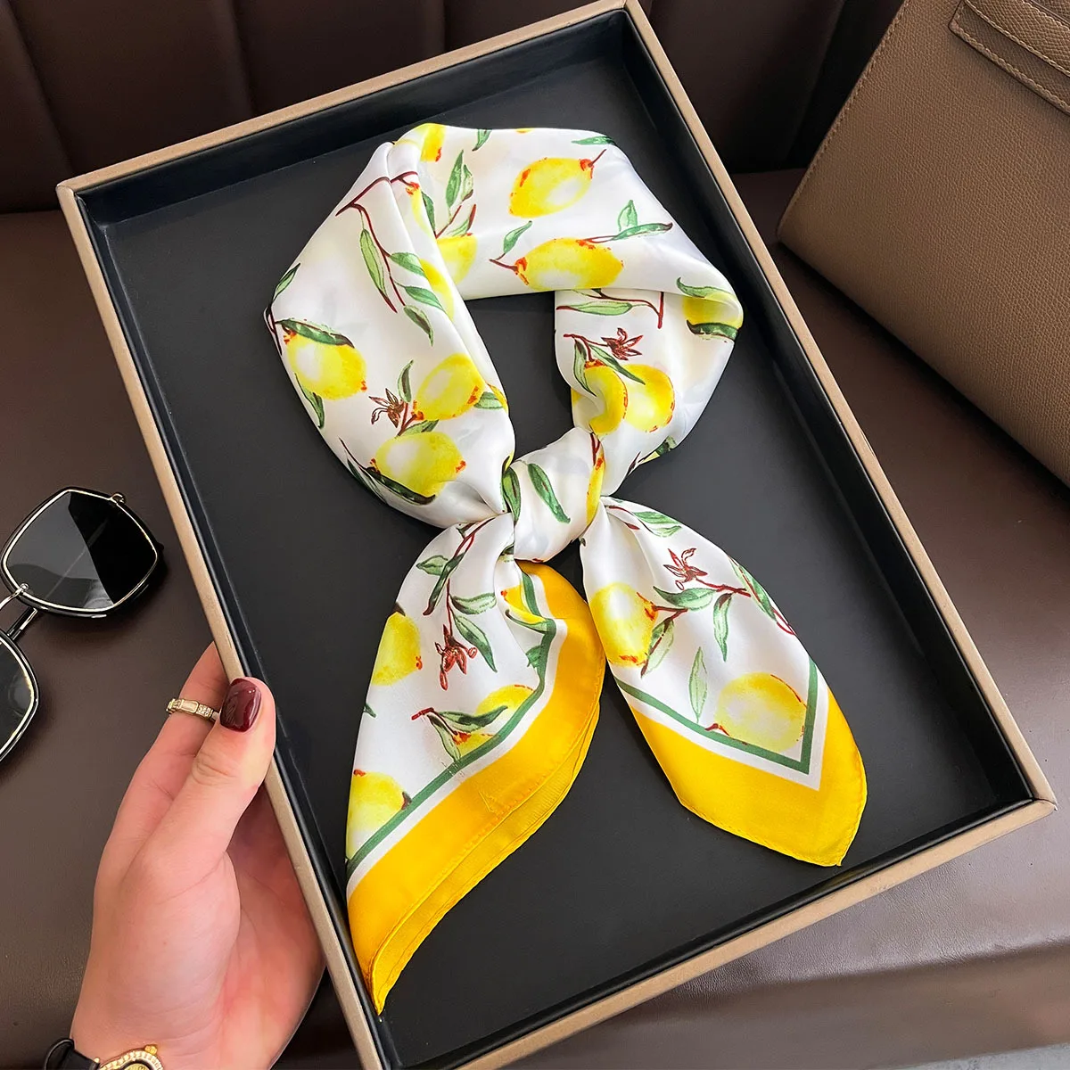 Yellow Lemon Print Square Silk Scarf - Fashionable Neck Tie & Decorative Neckerchief