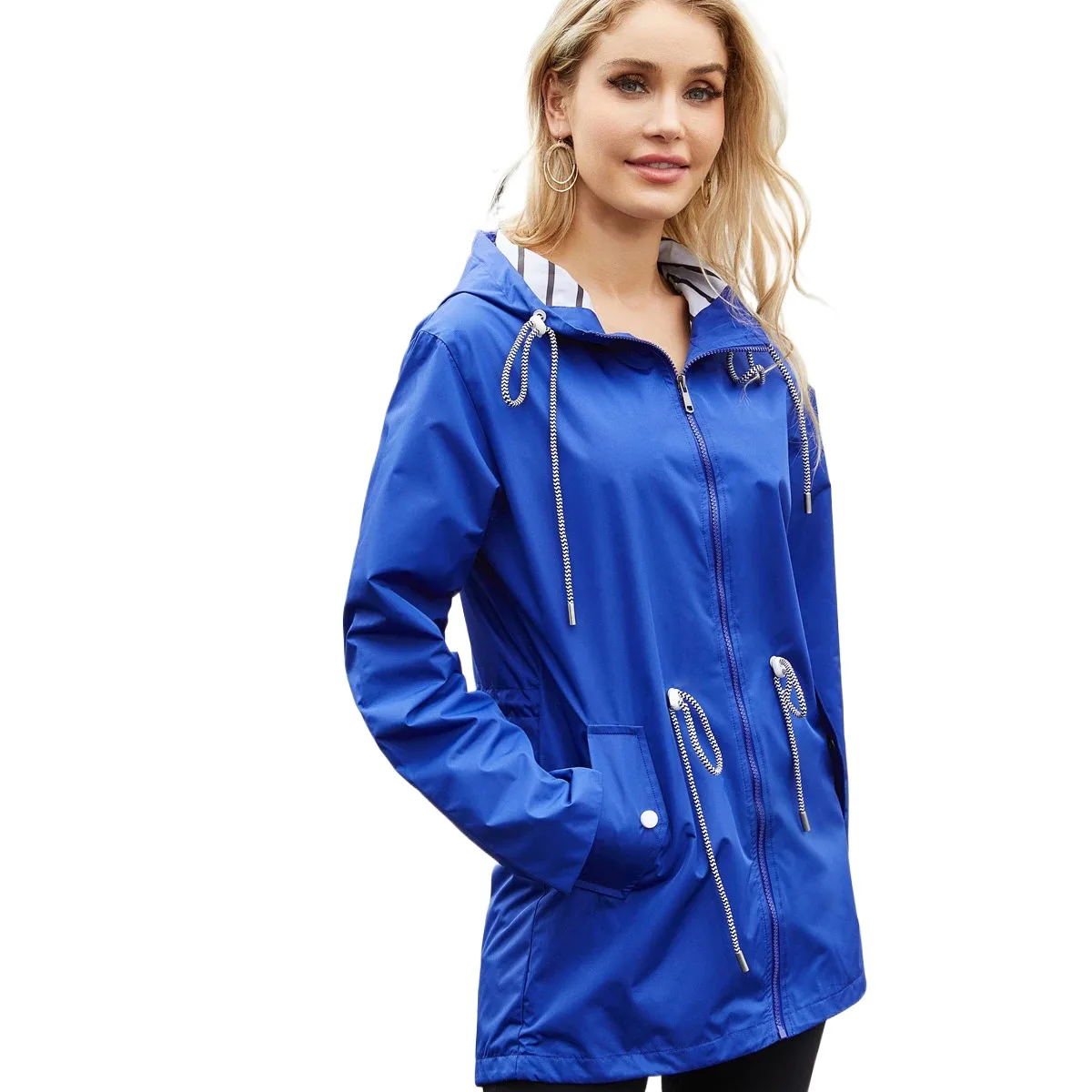 Waterproof Raincoat Womens Casual Basic Outdoors Trench Classic Zipper Long Windbreaker Outdoor Climbing Hooded Tops