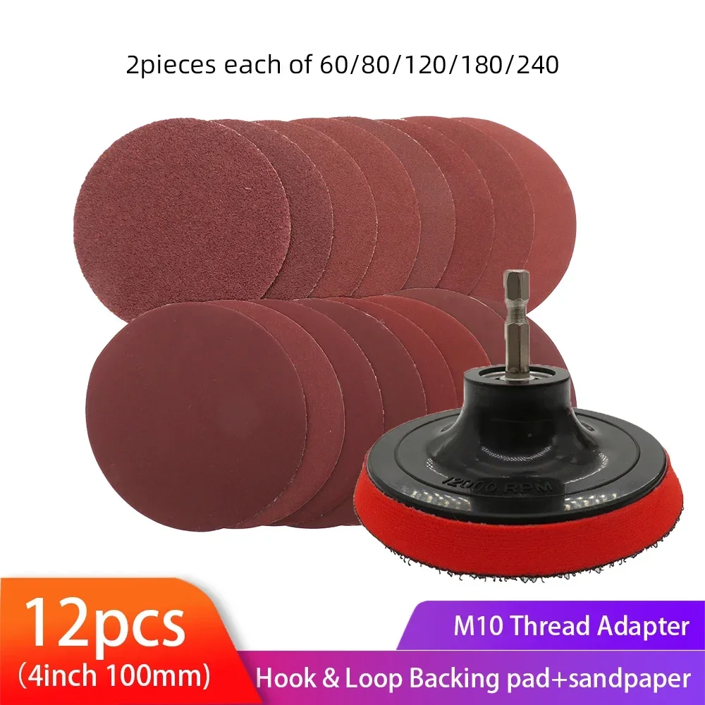 

12pcs/Set 4inch Sanding Discs 60-240 Grit&Polishing Pad&M10 Drill Adapter Kit Polishing Abrasive Tools Drill Grinder Sandpapers