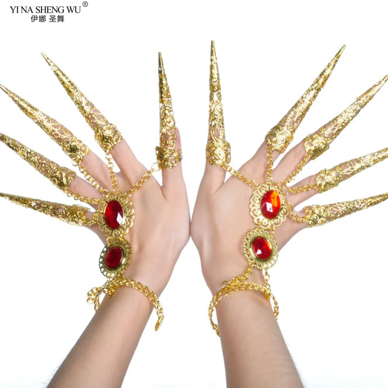 

Dance Performance Props Golden Long Finger Thousand Hands Guanyin Ring Metal Nail Protection Belly Dance Indian Dance Jewelry