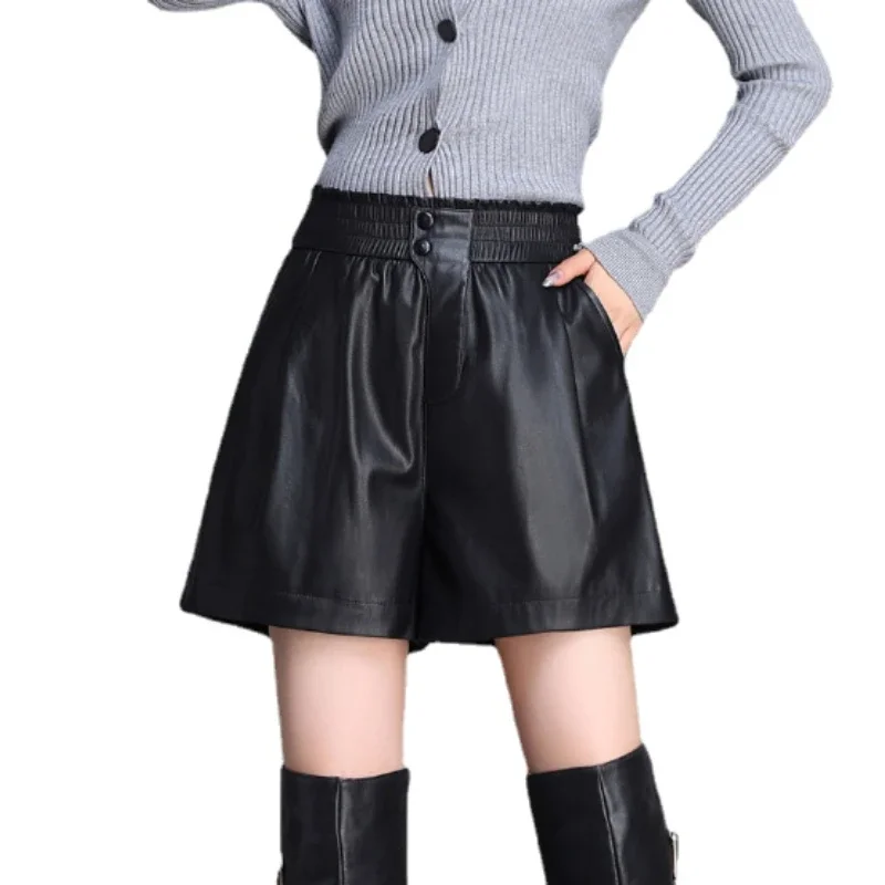Grey Leather Shorts Womans 2023 Autumn Winter New Genuine Leather Elastic Waist Wide Legs Sheepskin Outerwear Bootcut Shorts