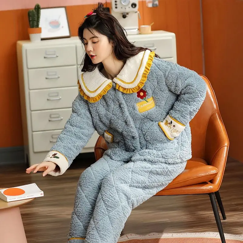 2024 New Coral Velvet Pajamas Women's Autumn Winter Three-layer Padded Plush Sleepwear Girls Warm Hooded Flannel Loungewear Set