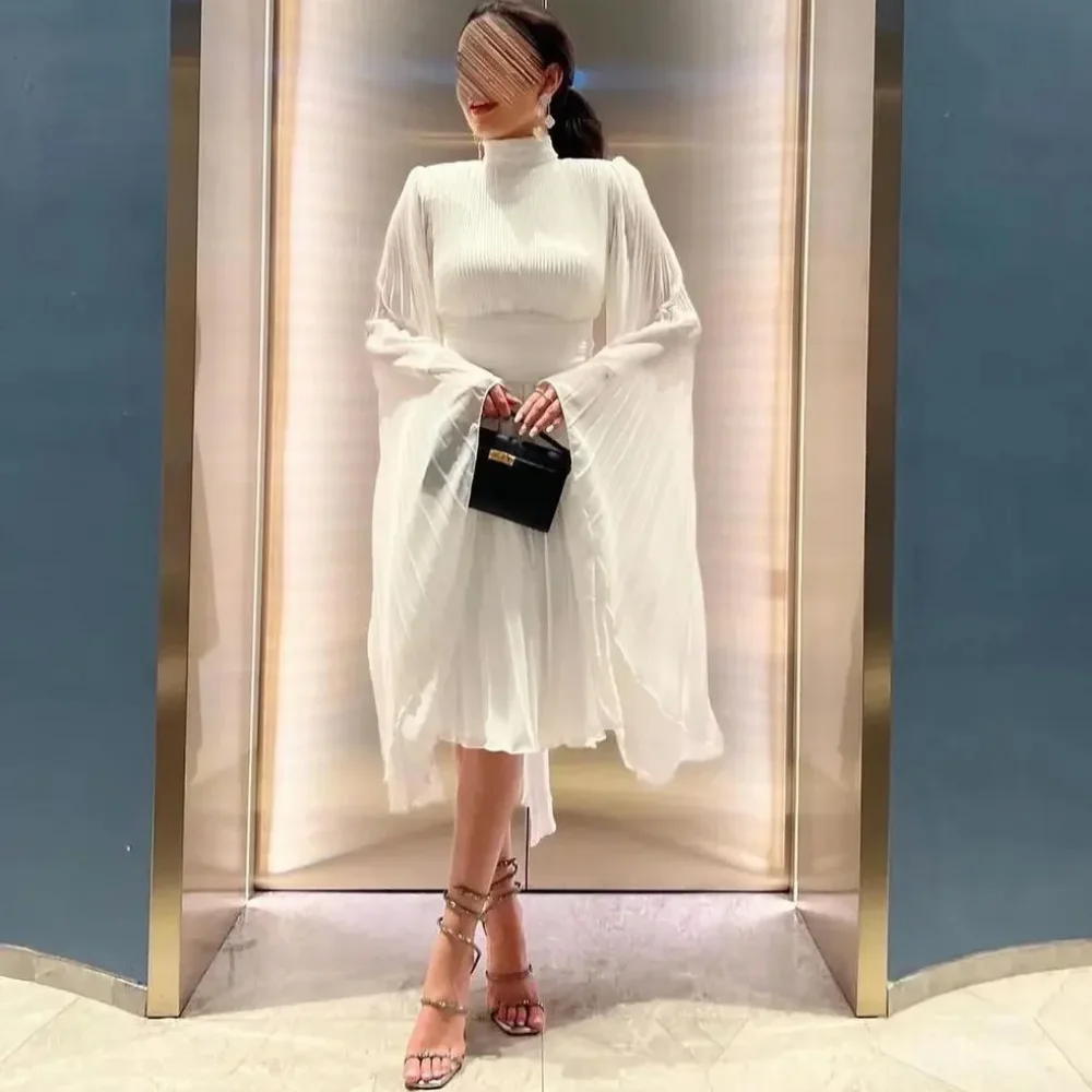 Chiffon Draped Wedding Party A-line High Collar Bespoke Occasion Gown Midi Dresses