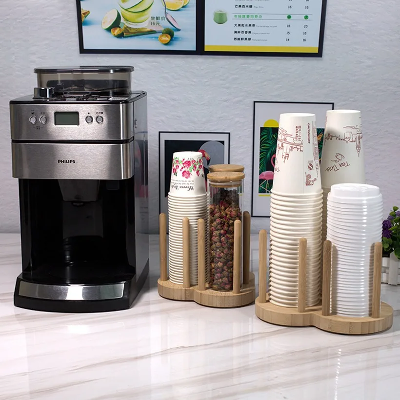 Disposable paper cup dispenser coffee and milk wooden cup storage rack holder with Longer Stick Mug Display Stand Organizer