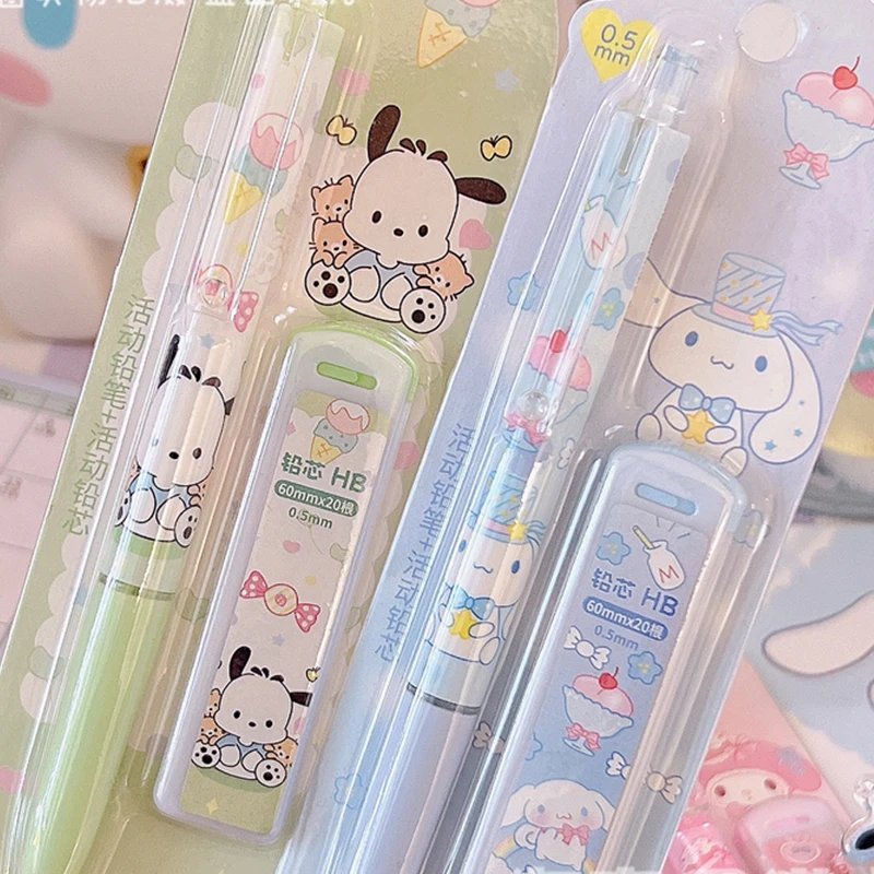 4Pcs/Set Writing Pencils Set Sanrio Melody Kuromi Cinnamoroll Pochacco Mechanical 0.5mm Press Office Students Stationery Kids Gifts