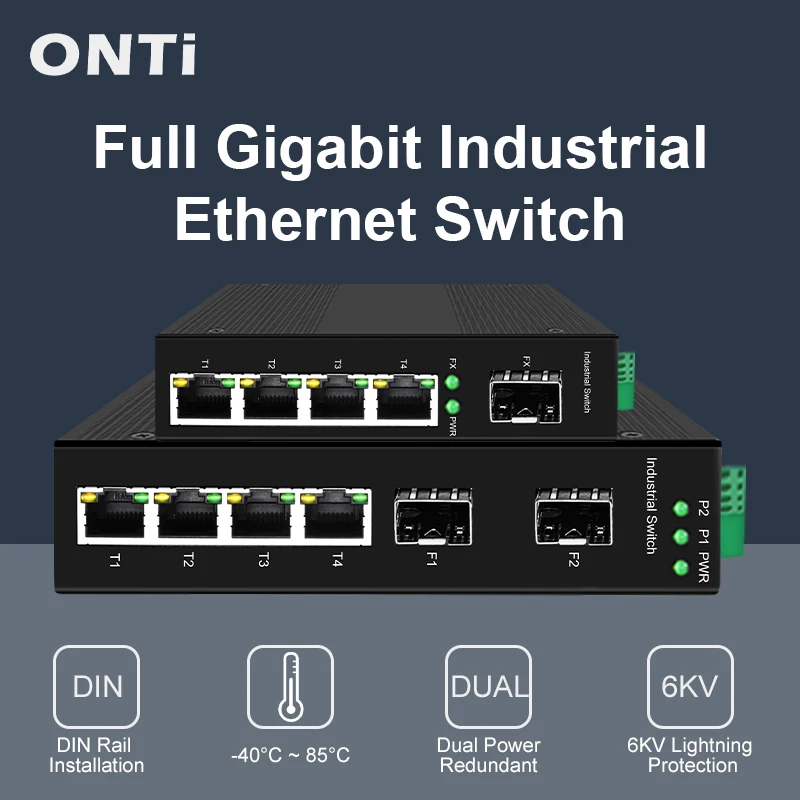 

ONTi 5/6 Port Industrial Gigabit Fiber Switch with SFP 10/100/1000Mbps Ethernet Switch 4GE+1(2)SFP -40 to 85°C DIN-Rail IP40 6KV