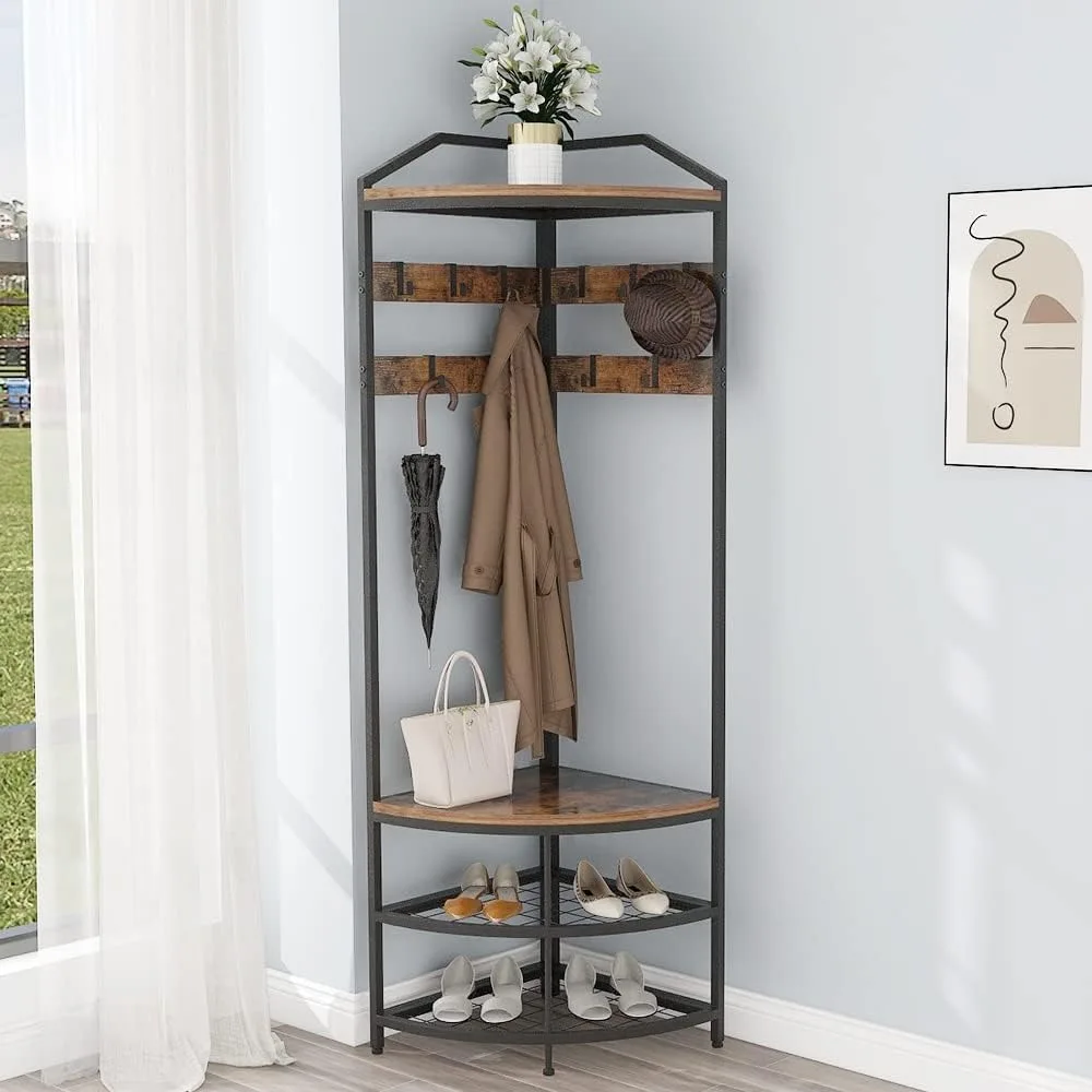 Corner Hall Tree with Shoe Bench Entryway Coat Rack with 10 Metal Movable Hooks Freestanding Clothes Rack Shoes Shelf Org