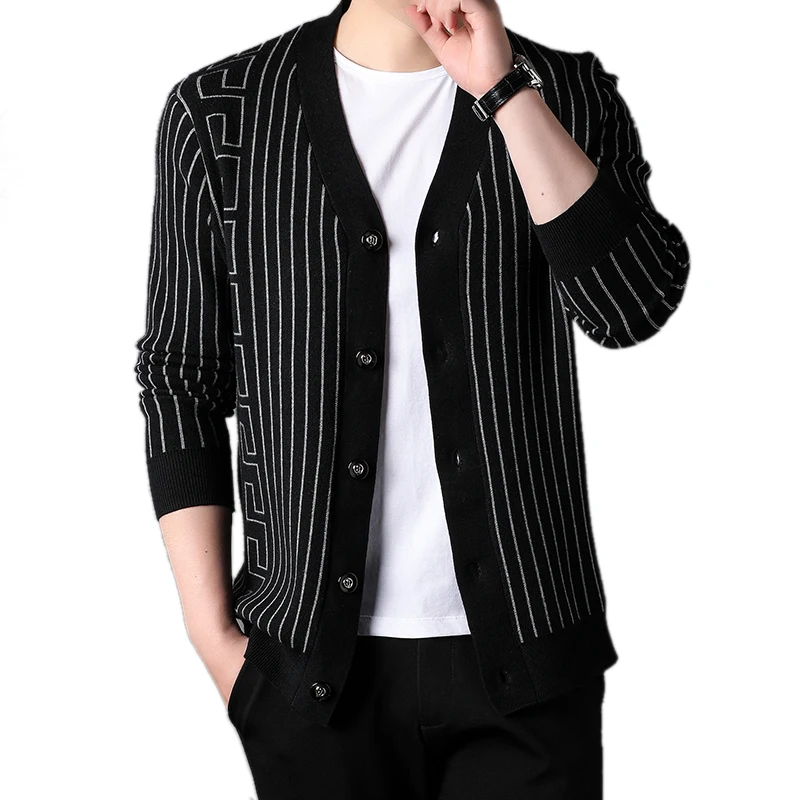 

Fashion Men's Casual Design Cardigan Vertical Stripe Thickened Long Sleeved Button Access Control Cardigan Sweater