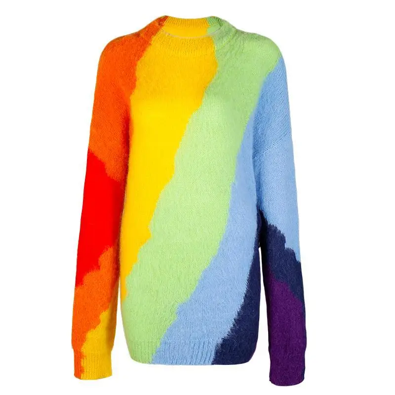 Women Sweater Autumn Winter Long Rainbow LOOSE O-Neck Full High