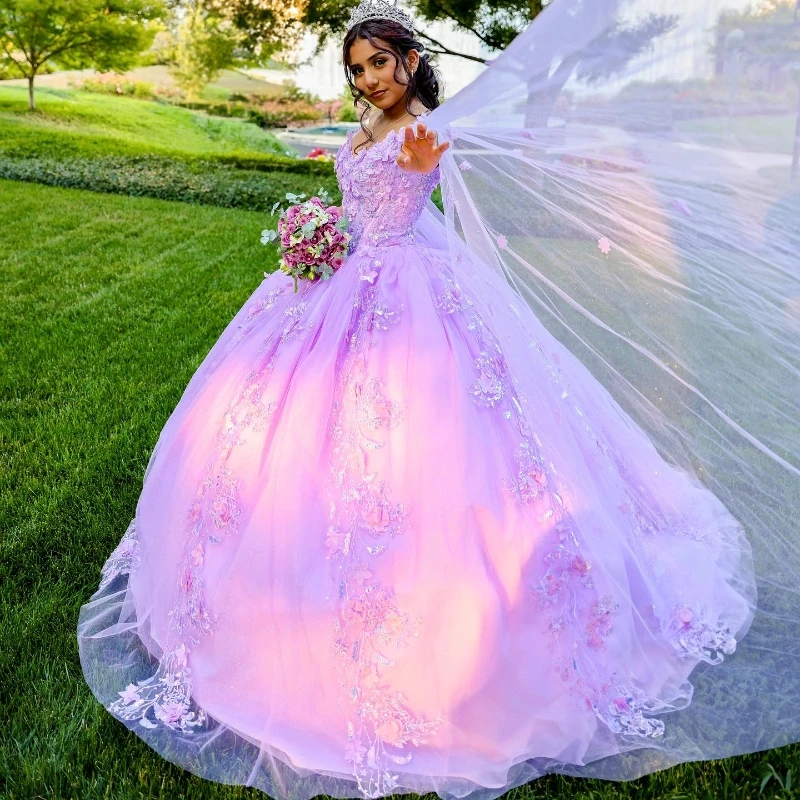 

Lavender V-Neck Sequin Appliques Lace Beads Off The Shoulder Quinceanera Dress Ball Gown Sweep Train Tulle Princess Party Prom