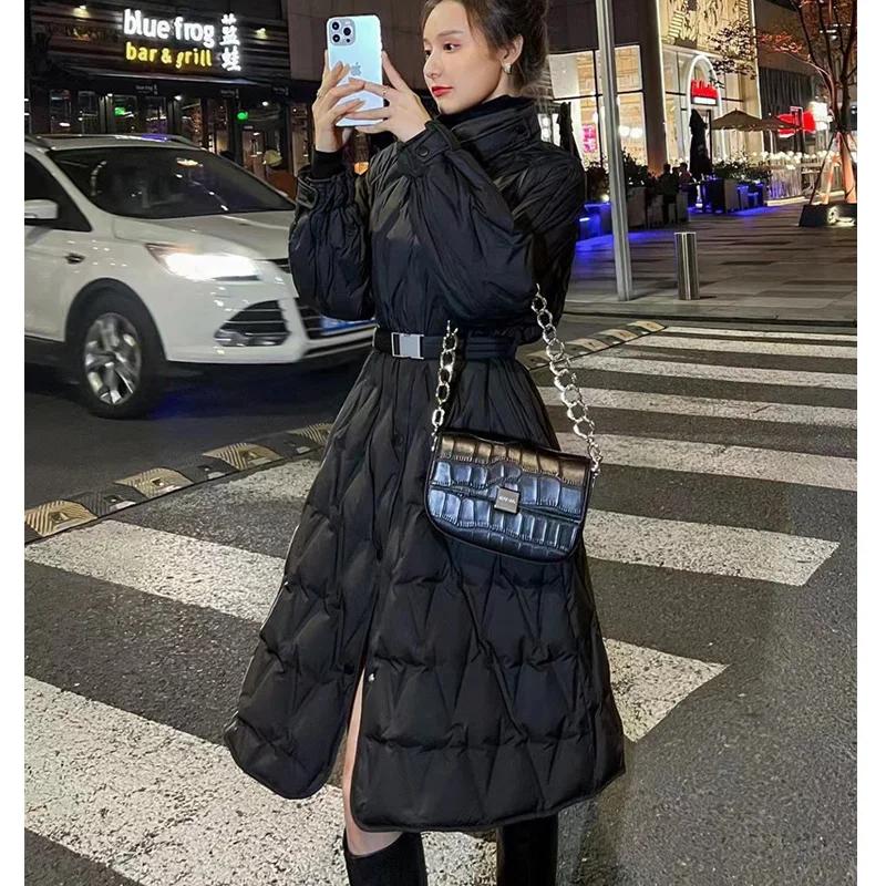 

Elegant Winter 2023 New Long Coat Rhombic lattice White Duck Down Coat Parkas Female Slim Waist Outwear