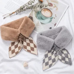 Women Autumn Winter Warm Knitted Faux Rabbit Fur Shawl Cross Scarf Collar Collars Scarves Neck Cover Women Neck Warmer Scarf