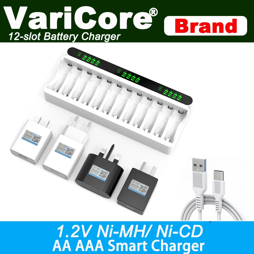 Battery Charger 2-12-slot Intelligent Portable For 3.7V 1.5v Lithium 18650 26650 21700 18500 18350 16340 1.2V NI-MH Ni-Cd AA AAA