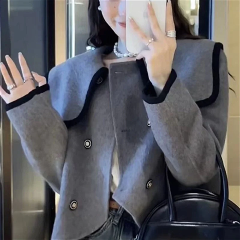 

2023 Autumn Winter New Women Woolen Coat Fashion Turn Down Collar Short Wool Outwear Loose Solid Color Outcoat