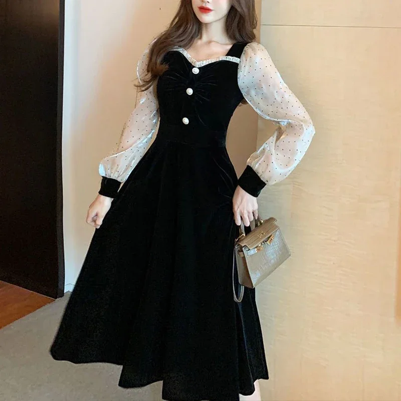 

French Hepburn Style Vintage Elegant Sweet Fairy Party Dresses for Women Dot Print Patchwork High Waist Midi Dress Robe CY83