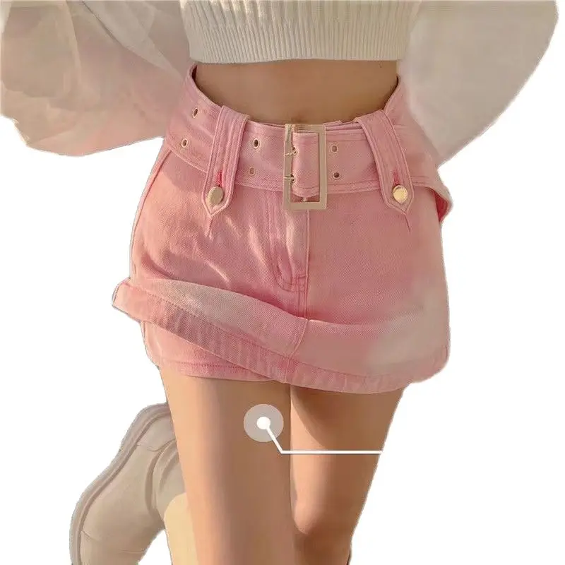 

2023 New Women Pink High Waist Denim Skirt Design Bodycon A-line Micro Skirt With Belt S-XL White Blue Gary