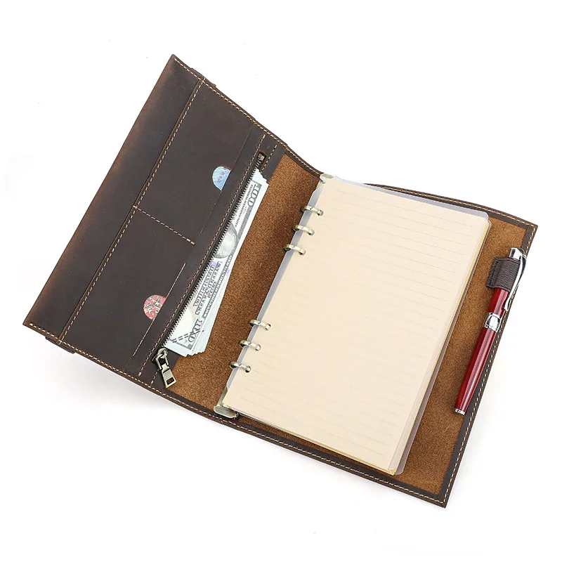 Vintage Crazy Horse Deri A5 Defter Kapağı El Yapımı 6'lı Telli Dosya Doldurulabilir Günlük Planlayıcısı – 23.5x17.3x3cm, 271g