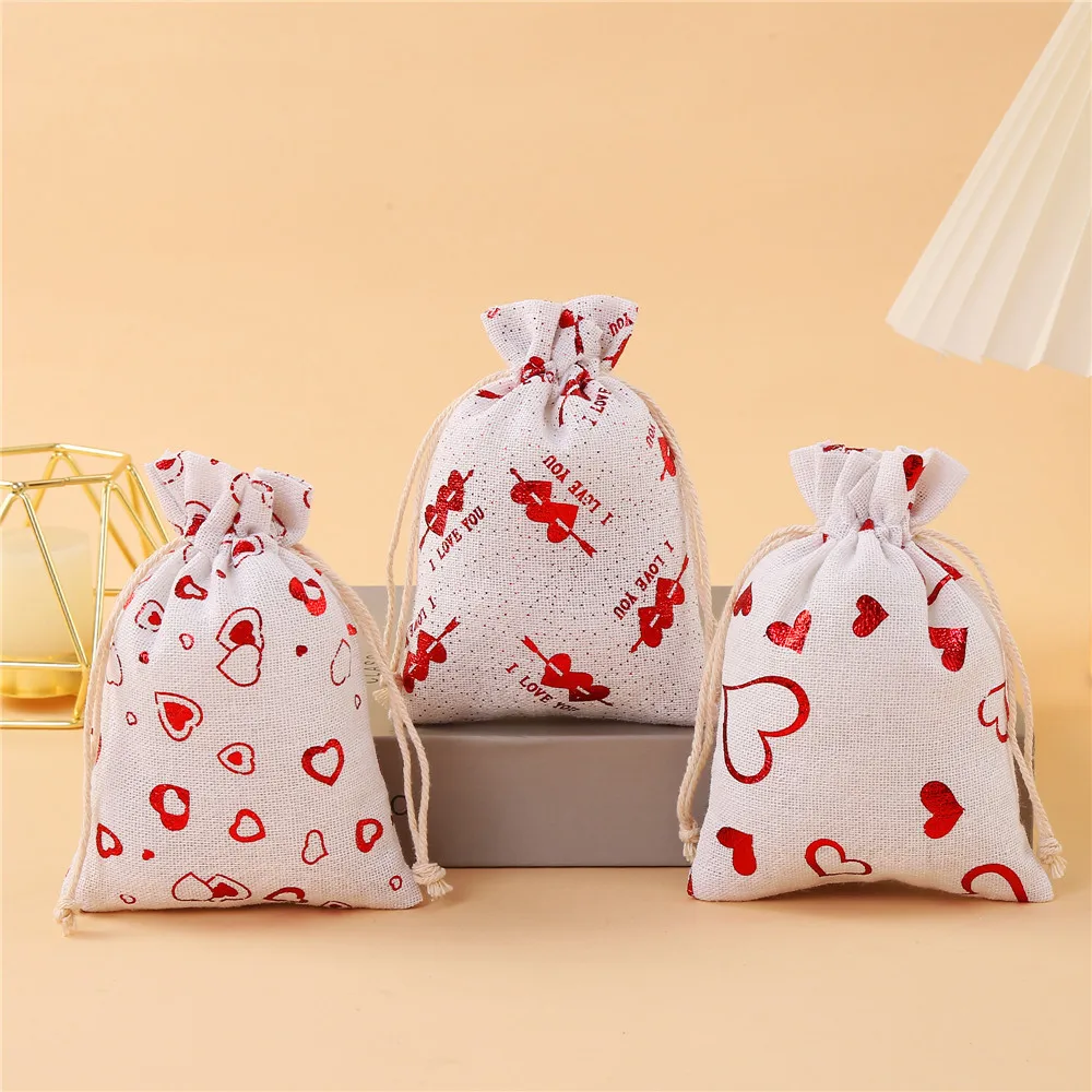 50 Pcs/lot Newest 10*14, 13*18cm Red Heart Cotton Drawstring Bags Valentine's Day Candy Gift Wrapping Bag