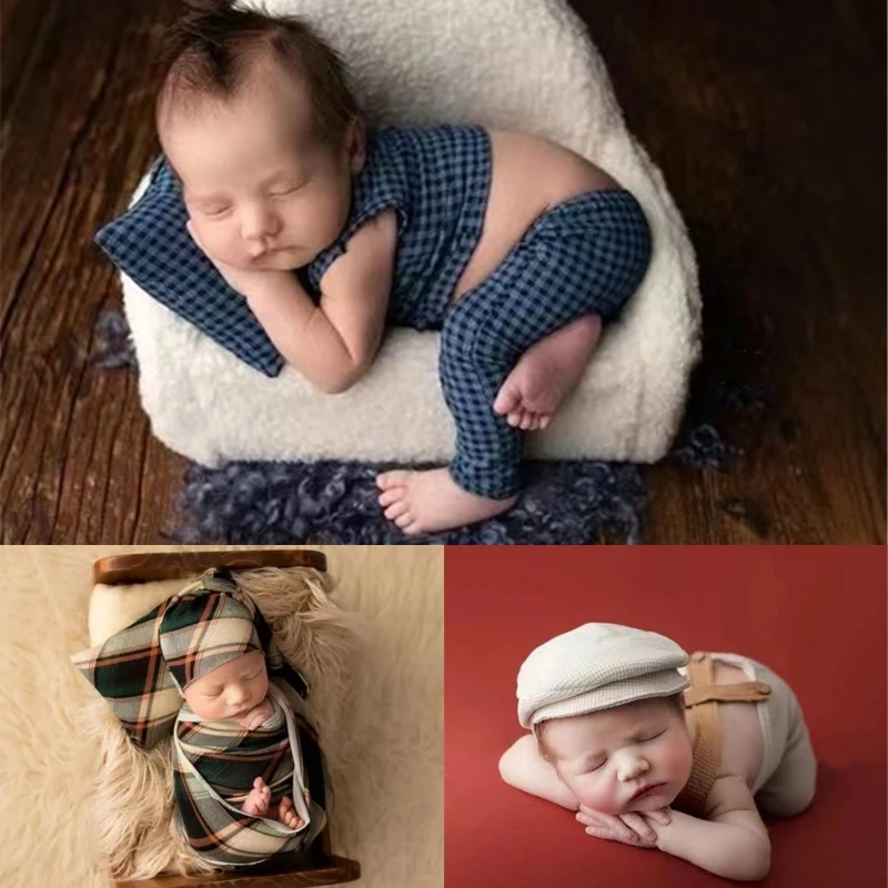 Dvotinst Newborn Photography Props Baby Boy Gentleman Plaid Outfit Set Posing Pillow Wrap Costume Studio Shoot Photo Props