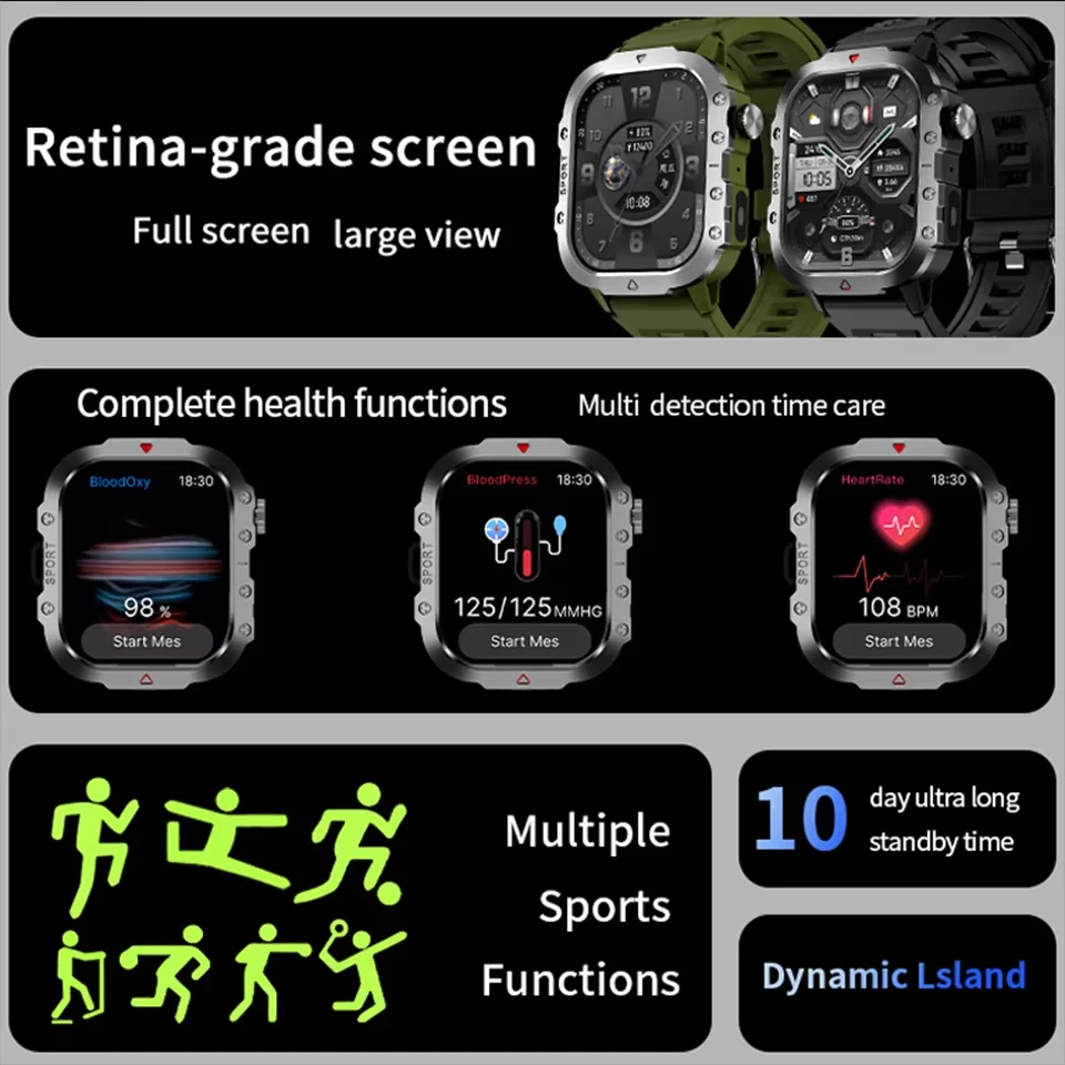 2026 New Smart Watch Mens Outdoor Sports Fitness Tracker Health Monitor 2.01 Inch Support Flashlight Bluetooth Call Smart Watch 3