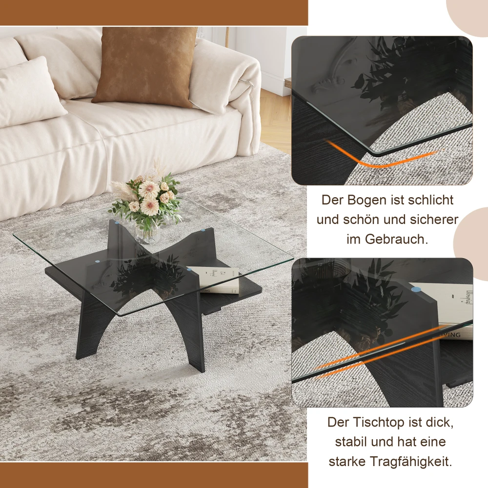 Moderner quadratischer Beistelltisch/Couchtisch aus Sicherheitsglas – 80 cm. Tischbeine aus MDF in Walnussholzoptik. Ideal für das Wohnzimmer – Detail 19