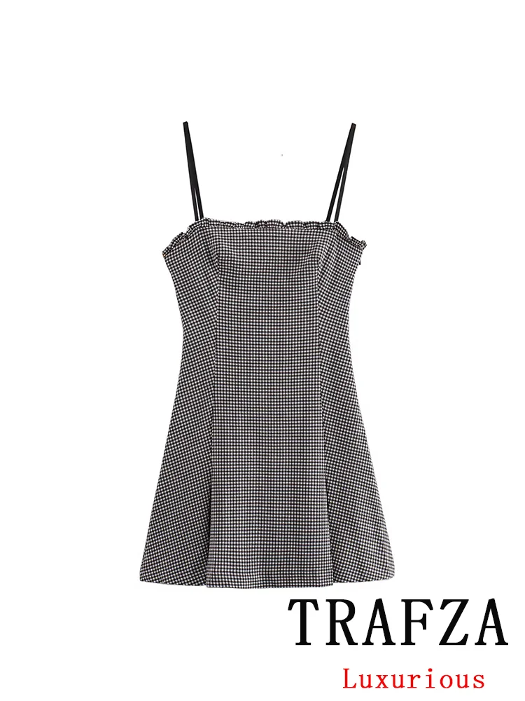 

TRAFZA Vintage Casual Chic Women Dress Plaid A-Line Sleeveless Mini Dress New Fashion 2024 Summer Female Sexy Dress