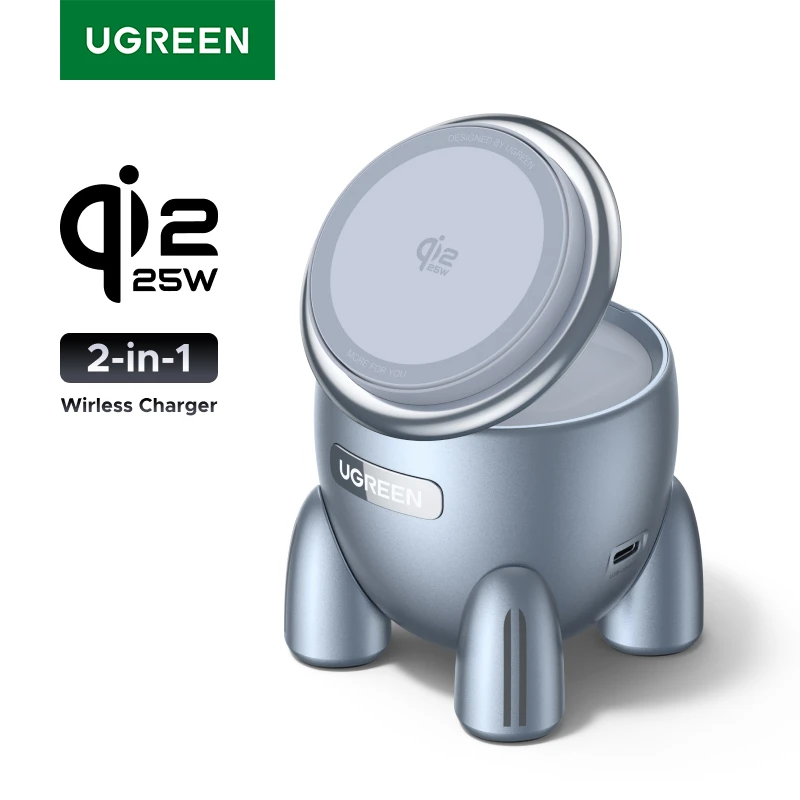 חדש ! UGREEN Magflow Qi2 25W מטען אלחוטי 2 ב-1 בסגנון רקטה חדשני עבור iPhone 17 16 Pro Max טעינה מהירה