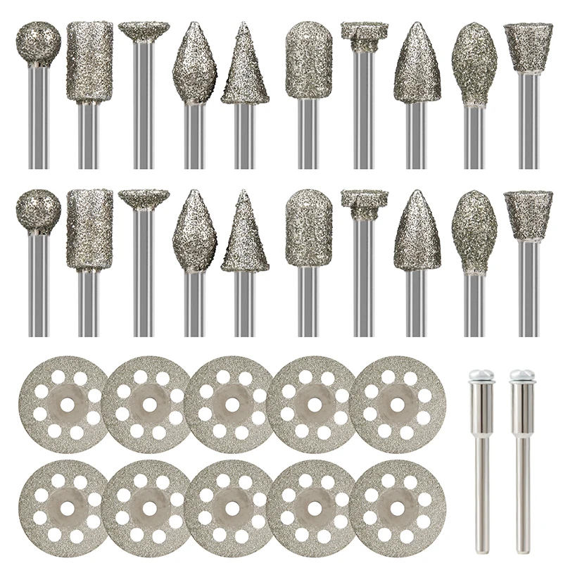 

32Pcs Diamond Burr Set 1/8 Inch Shank Rotary Grinding Cutting Wheel For Stone Glass Jewelry Engraving