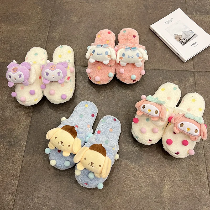 

Kawaii Sanrio Plush Slippers Cinnamoroll Kuromi My Melody Autumn and Winter Home Plush Warm Anti-Slip Shoes Soft Gifts for Girls