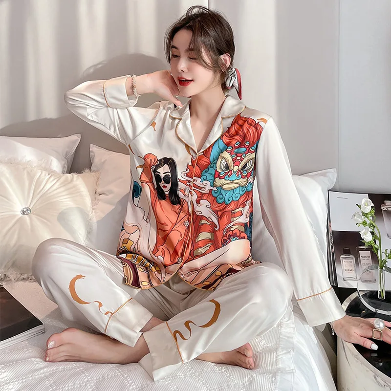 

Pajamas Set For Women Satin Lapel 2PCS Sleepwear Print Character Shirt&Pants Pijamas Suit Casual Sleep Set Vintage Home Clothes