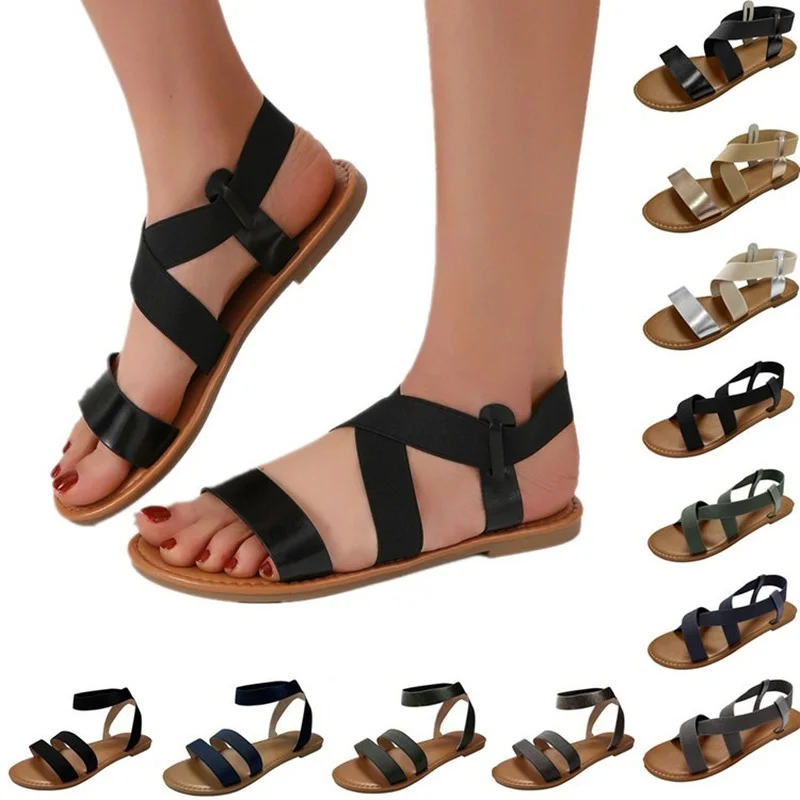 

2022 Summer New Ladies Sandals Large Size Flat Stretch Fish Mouth Shoes Trend All-match Casual Flat Sandals