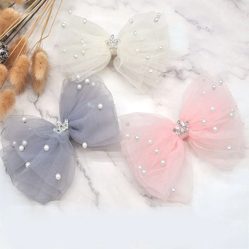 Sweet Princess Lace Bows Hairpin Kids Pearl Crown Barrettes Hair Clips For Baby Girls Headwear Fashion Children Hair Accessory 3