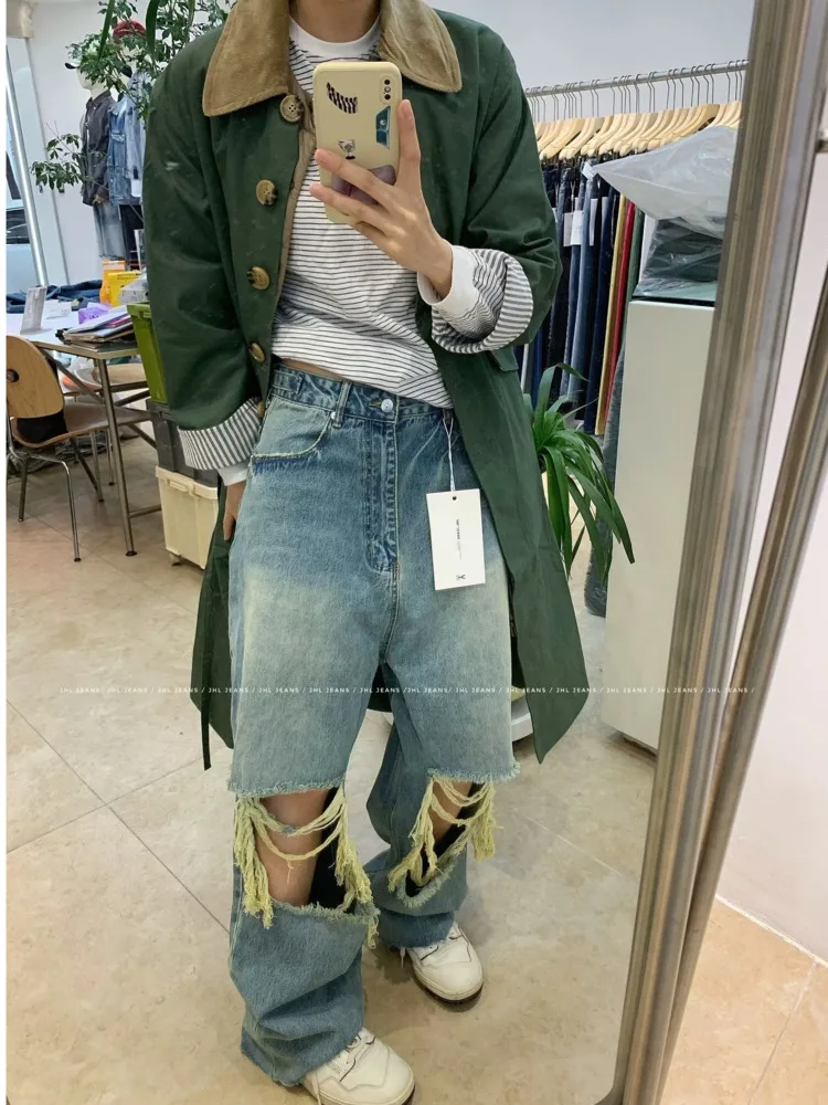 Small Crowd Deconstruction Design Sense Jeans, High Street Wide Leg Pants, High-end Floor Long Pants, Trendy Brand Women's Jeans