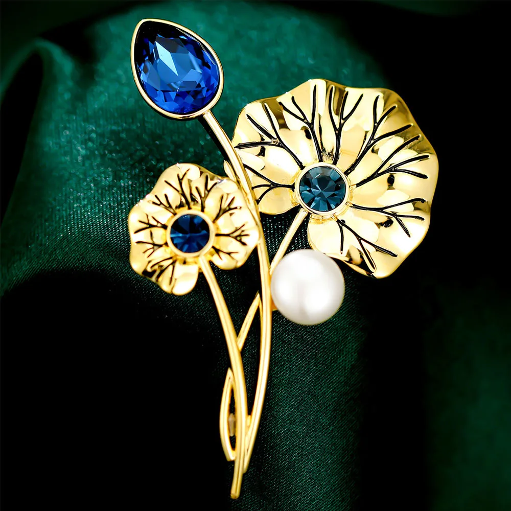 

ZHEN-D Jewelry Golden Lotus Flower Leaf Natural Freshwater Pearls Blue Crystal Brooch Pin Gift for Women Girl Elegant Pins