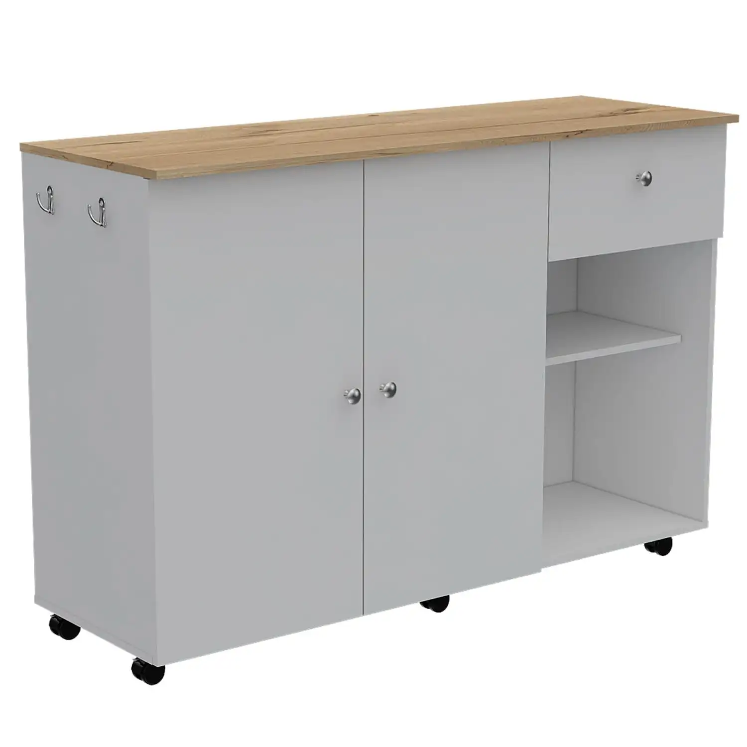 Kitchen Island Cart Victoria, Four Interior Shelves, Six Carters, One Drawer, Double Door Cabinet White / Light Oak 4