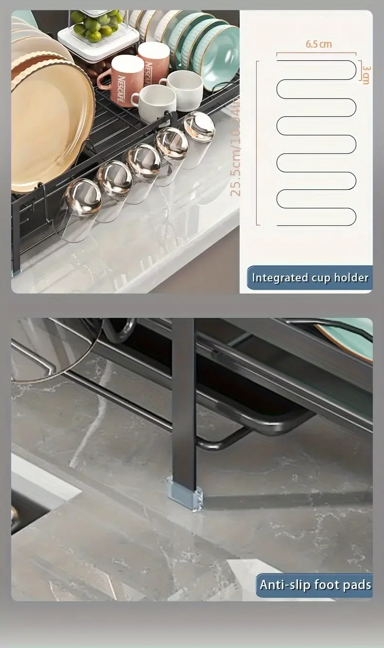 Expandable Dish Rack - Adjustable Kitchen Countertop Organizer with Utensil & Cup Holders