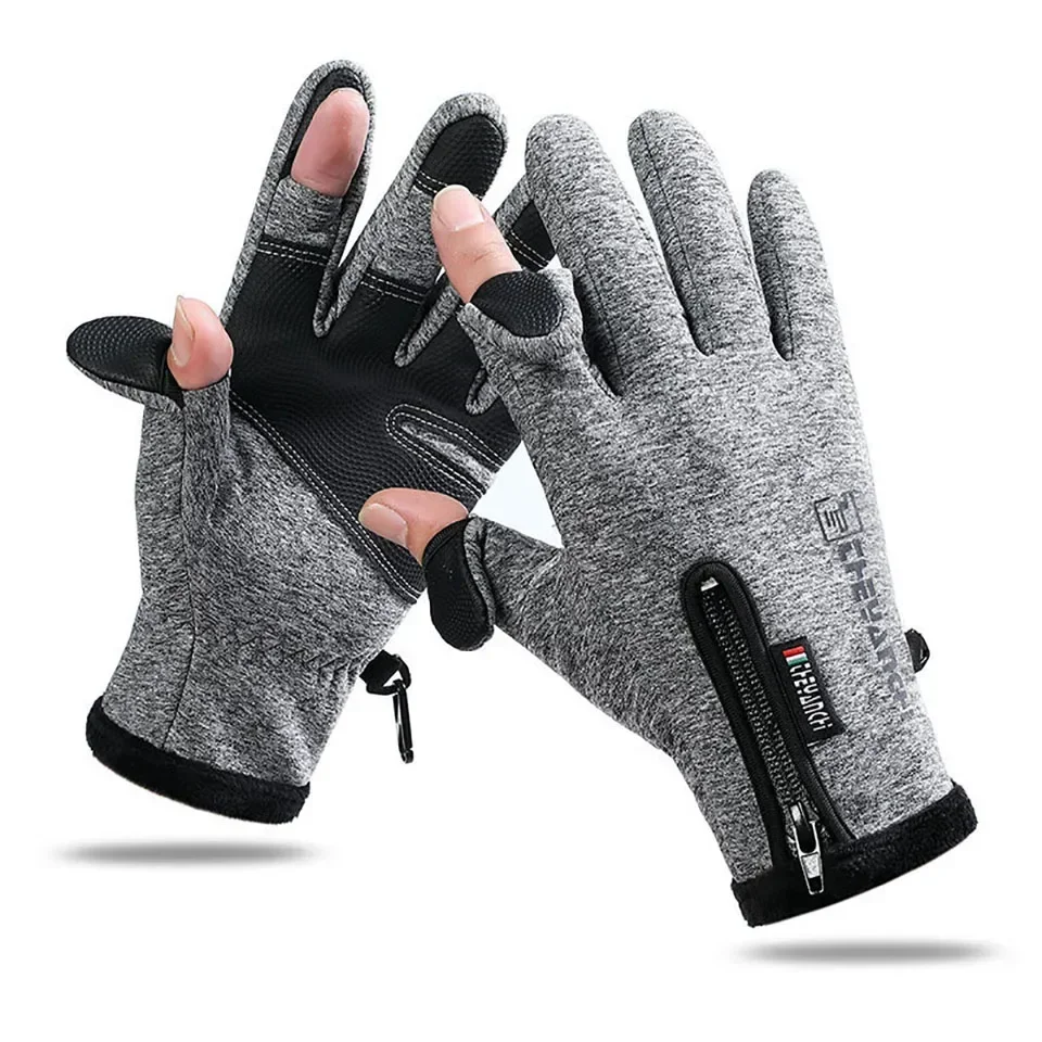 1Pair Outdoor Winter Fishing Gloves Exposed Two-finger Touch Screen Non-slip Waterproof Wrist Elastic Warm Fishing Gloves