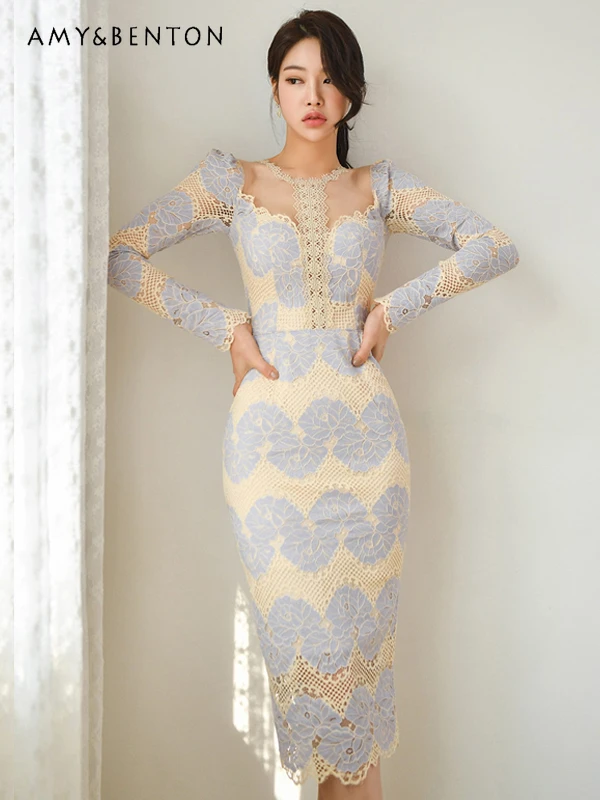 

French Temperament Lace Dress High Sense Contrast Color Hollow Slim Mid-Length Dress for Women Sexy Graceful A-line Dresses