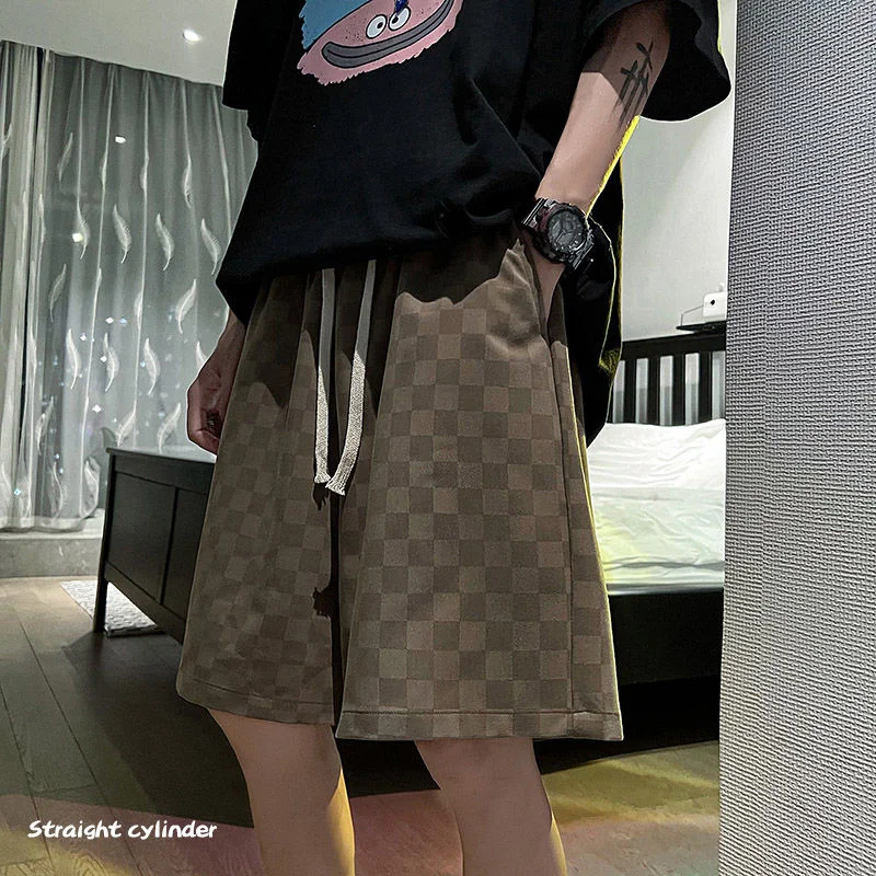 2023 New Summer Straight Leg Men's Casual Shorts Plaid Fashion Streetwear Harajuku Korean Style Male Short Pants Men Clothing