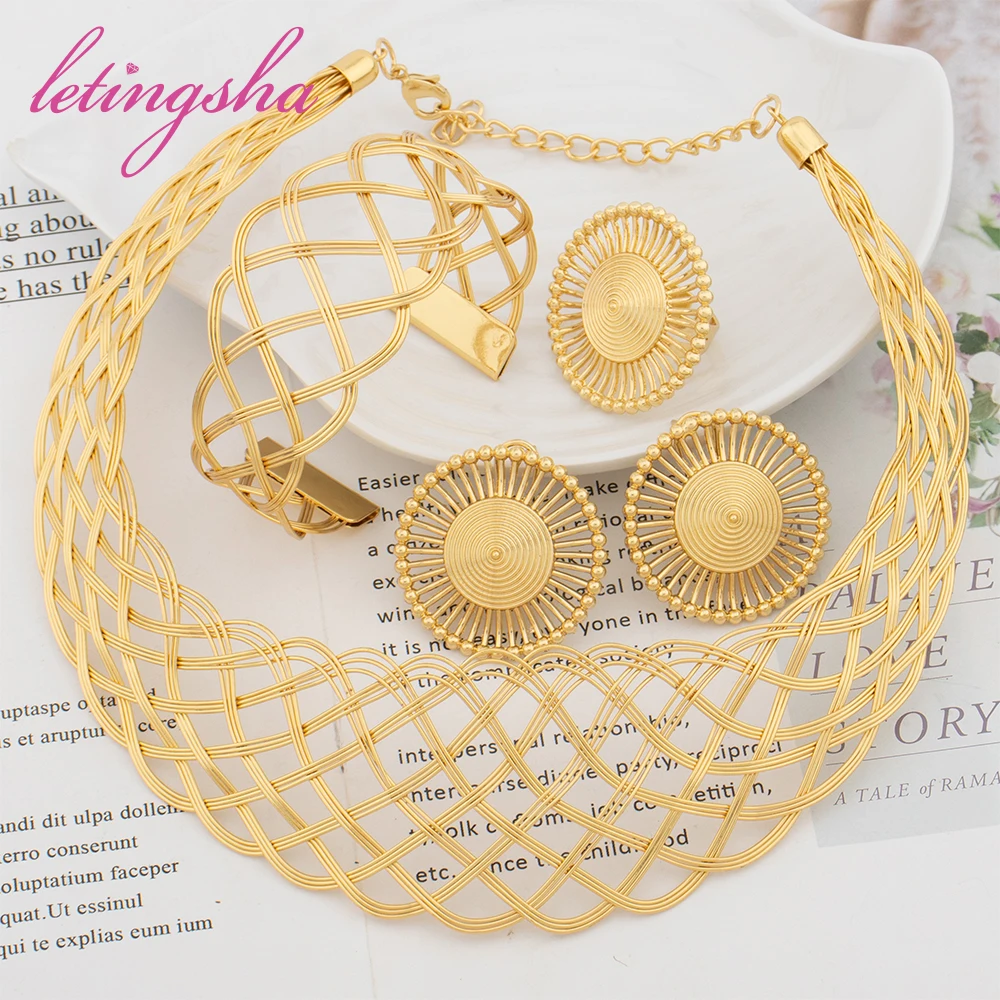 

African Luxury Jewelry Set for Women Gold Color Hollow Design Necklcae Bangle Jewelry Set Indian Fashion Earrings Ring Set