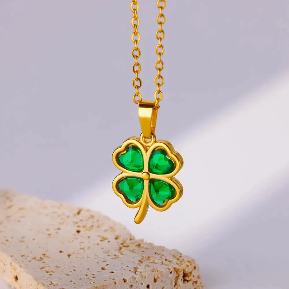 Collier Doré En Forme De Trèfle En Acier Inoxydable Avec Zircon - Chic Et Tendance