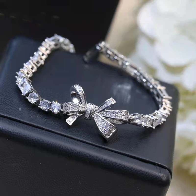 Full AAA Cubic Zirconia Bowknot Charm Bracelet For Women White Gold Plated Manmade Ruby Chain Wedding Brand Jewelry |