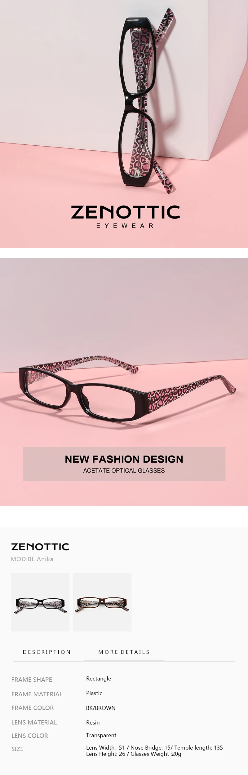ZENOTTIC Damenmode, Leopardenmuster, optischer Rahmen, kleine rechteckige Brillen, ultraleichte Brillen – Detail 1