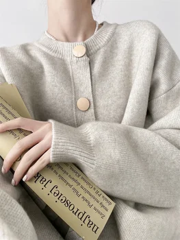 AOSSVIAO 2025 سترة نسائية برقبة دائرية للخريف والشتاء سترات فضفاضة محبوكة صلبة واحدة الصدر سترات نسائية 2